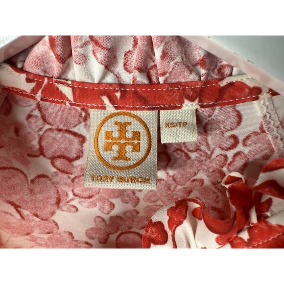 Tory Burch Rashguard Top Womens Sz XS Red Floral Ruffle 1/2 Zip Short Sleeve - Picture 4 of 11